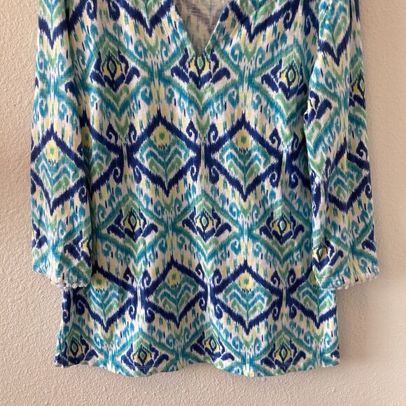 Tommy Bahama Women's Tunic Top Imali Ikat Kiera Blue Green 3/4 Sleeves Size Sm - Picture 4 of 13